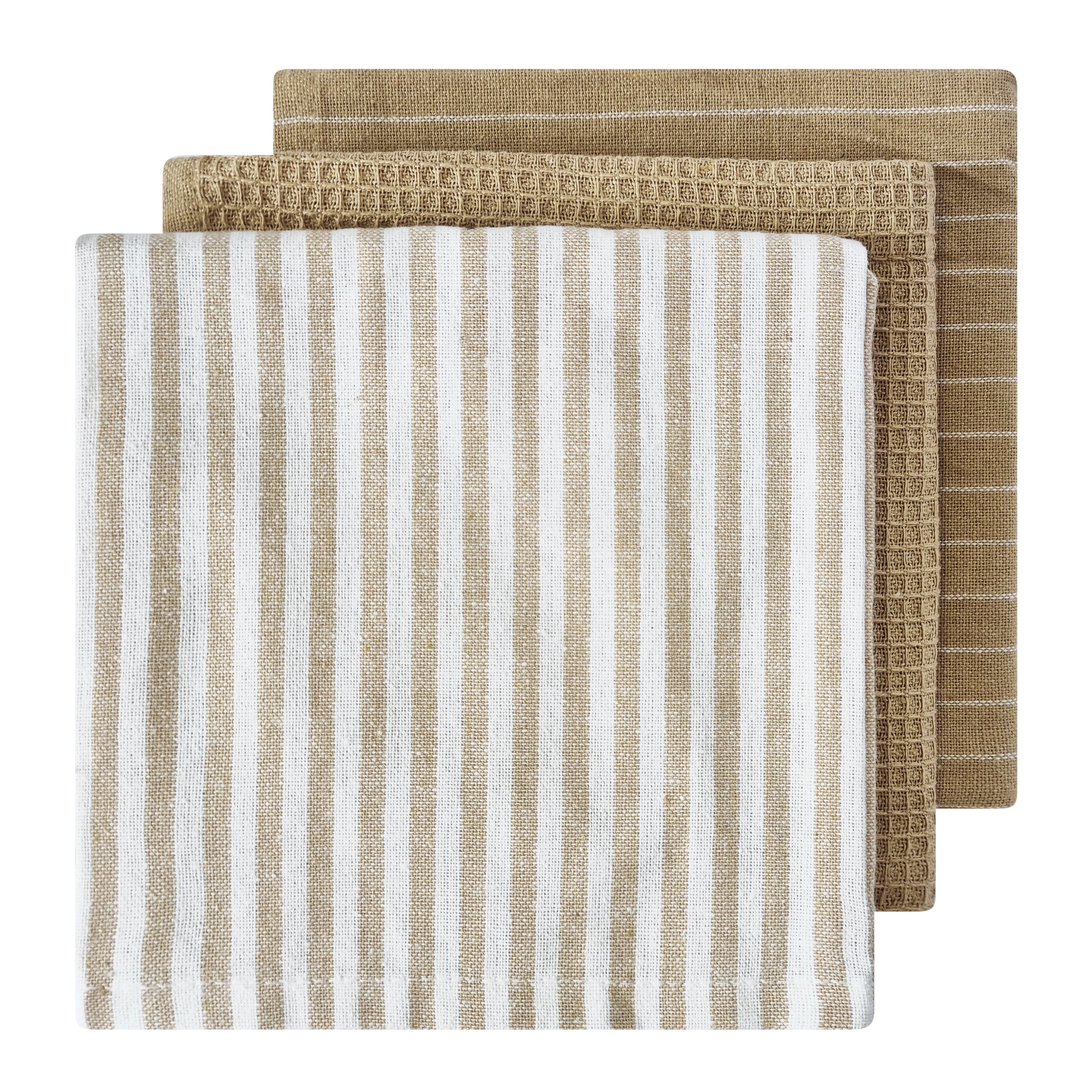 Katerina natural set fanned out showing beige stripe, waffle and pinstripe weaves