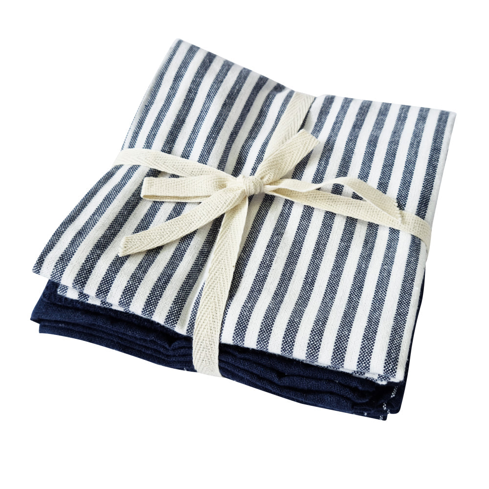 Katerina navy tea towel 3 pack folded and tied with a cream ribbon