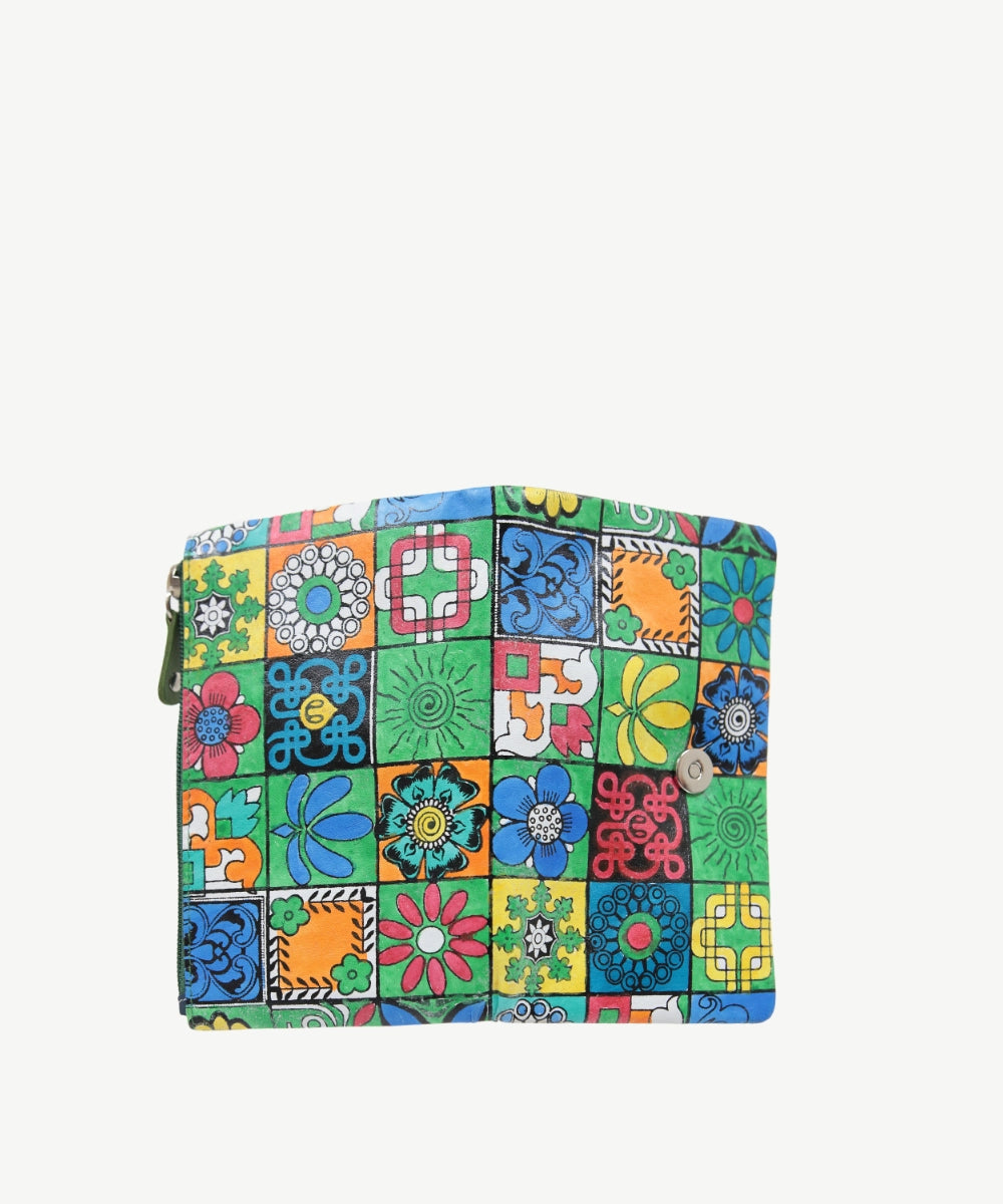Green Mosaic leather wallet closed, showing the zip coin pocket that follows the outside edge.