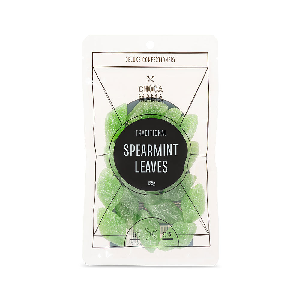 Clear pouch of green spearmint leaf jellies with a round black Traditional Spearmint Leaves label