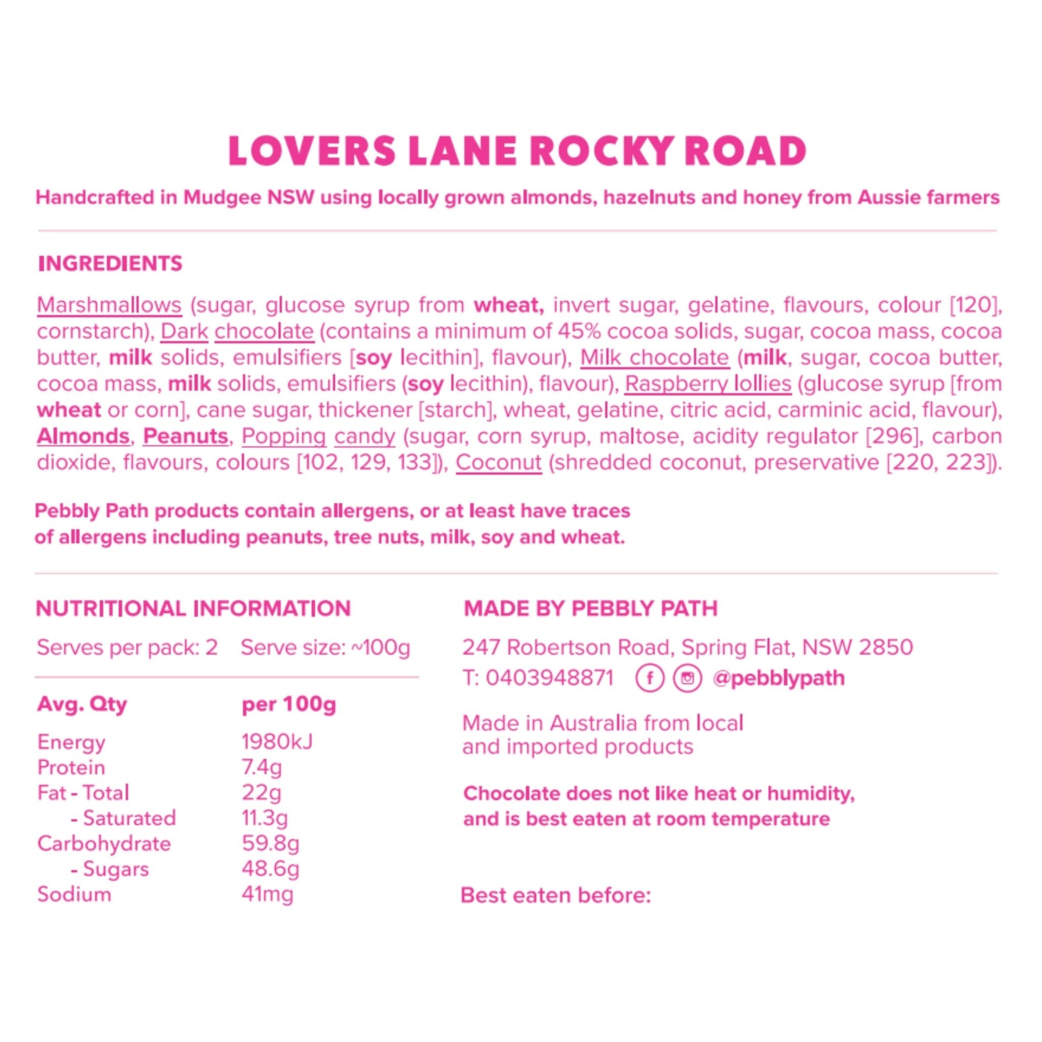Back-of-box panel for Lovers Lane rocky road: ingredients, allergens and nutrition information