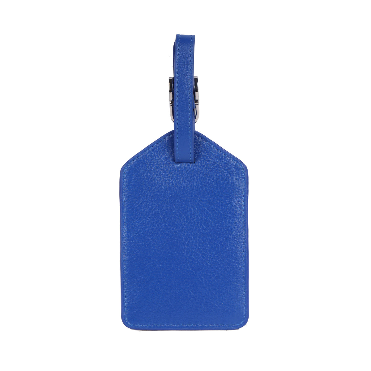 Back of the cobalt luggage tag, plain leather with the strap looped through the top