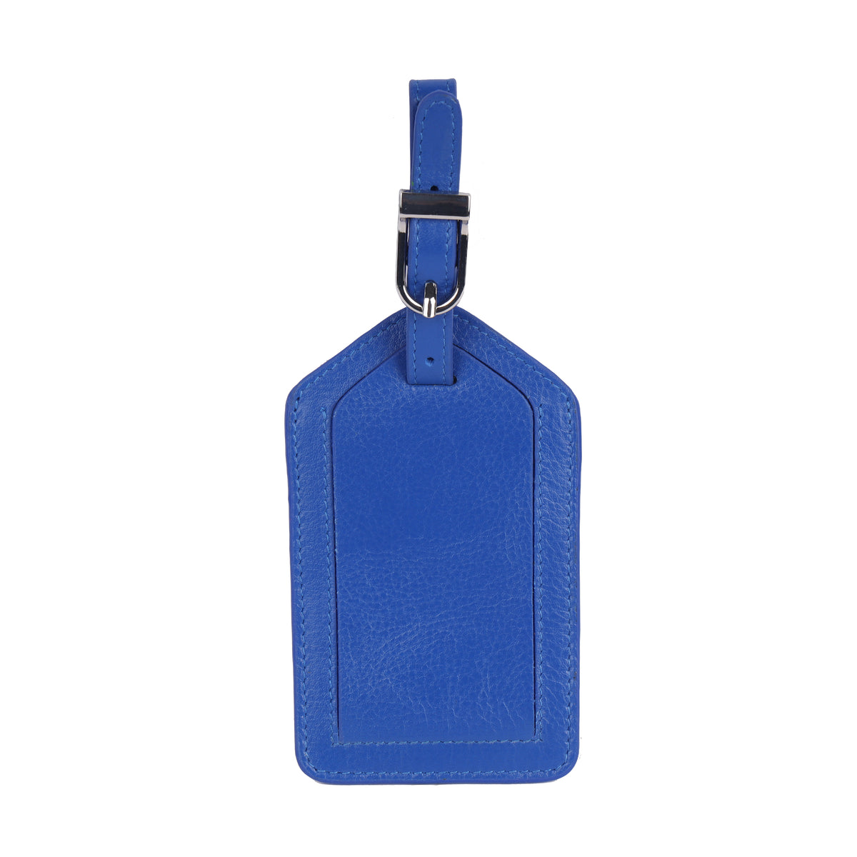 Cobalt blue leather luggage tag from the front, hanging from its buckled strap
