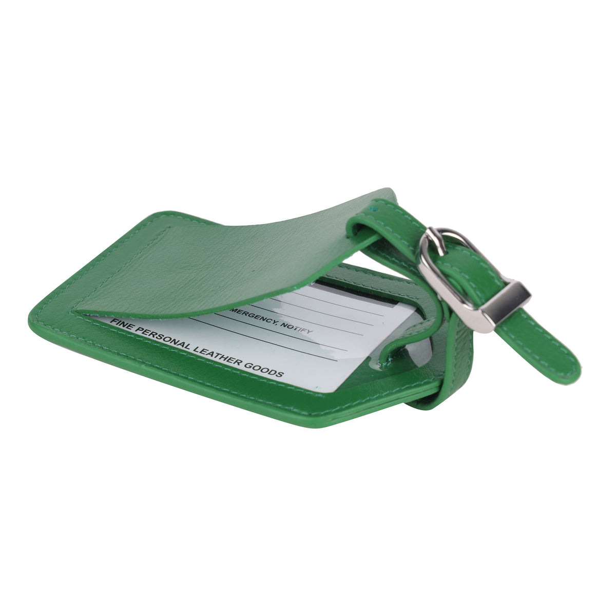 Emerald luggage tag with the flap lifted, showing the address card behind a clear window