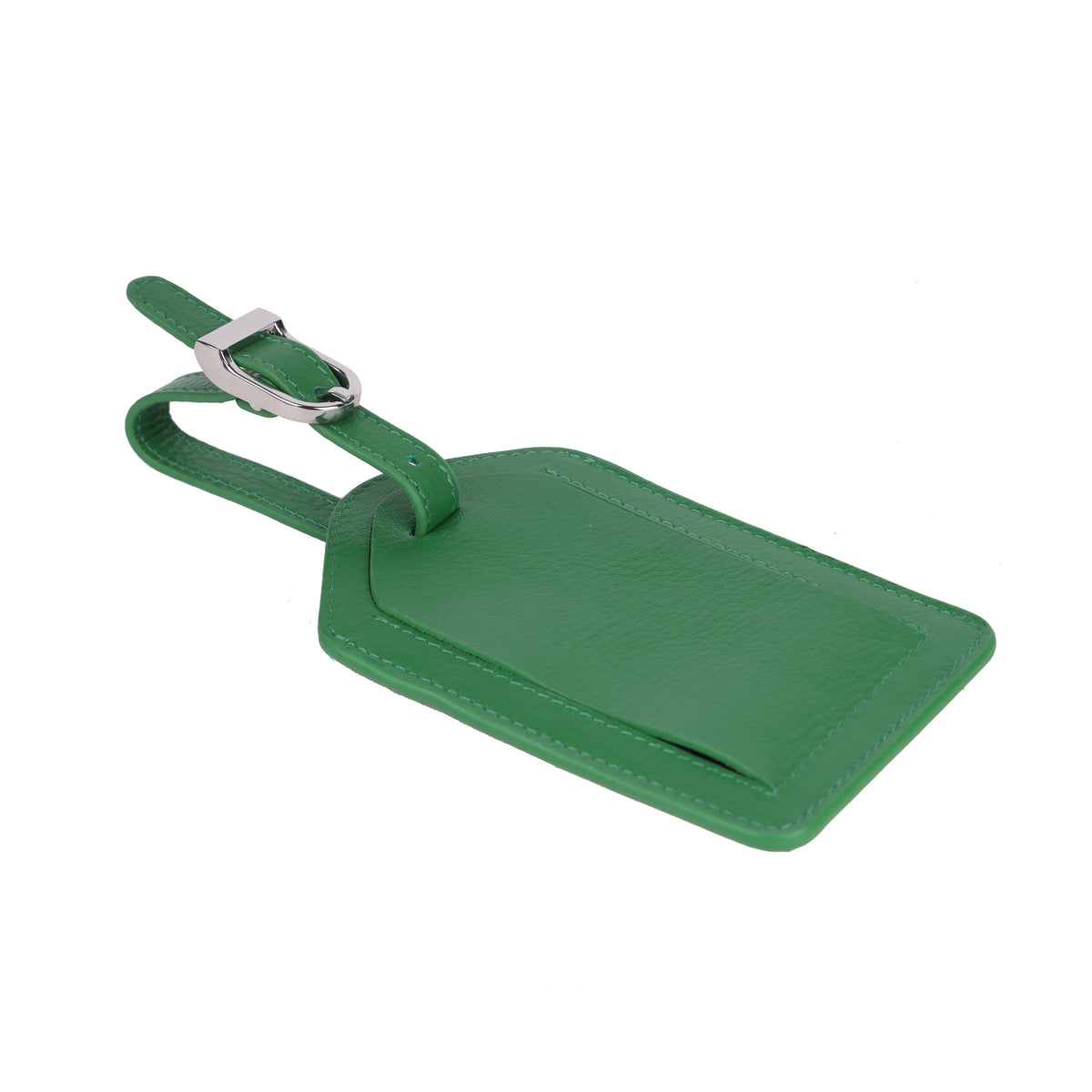 Emerald luggage tag lying flat, the strap fastened through its silver buckle
