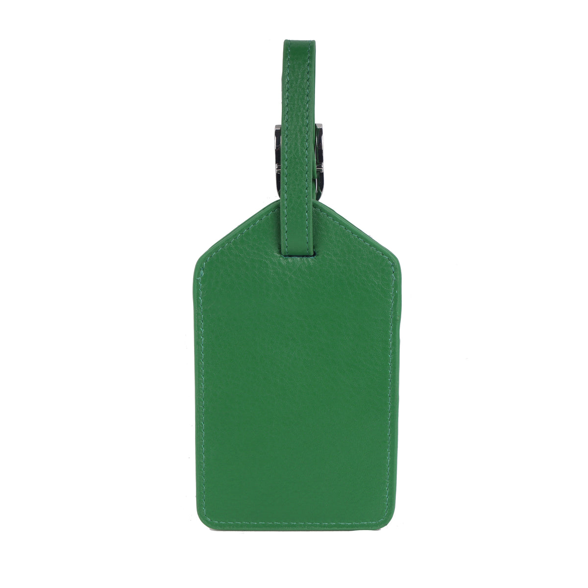 Back of the emerald luggage tag, plain leather with the strap looped through the top