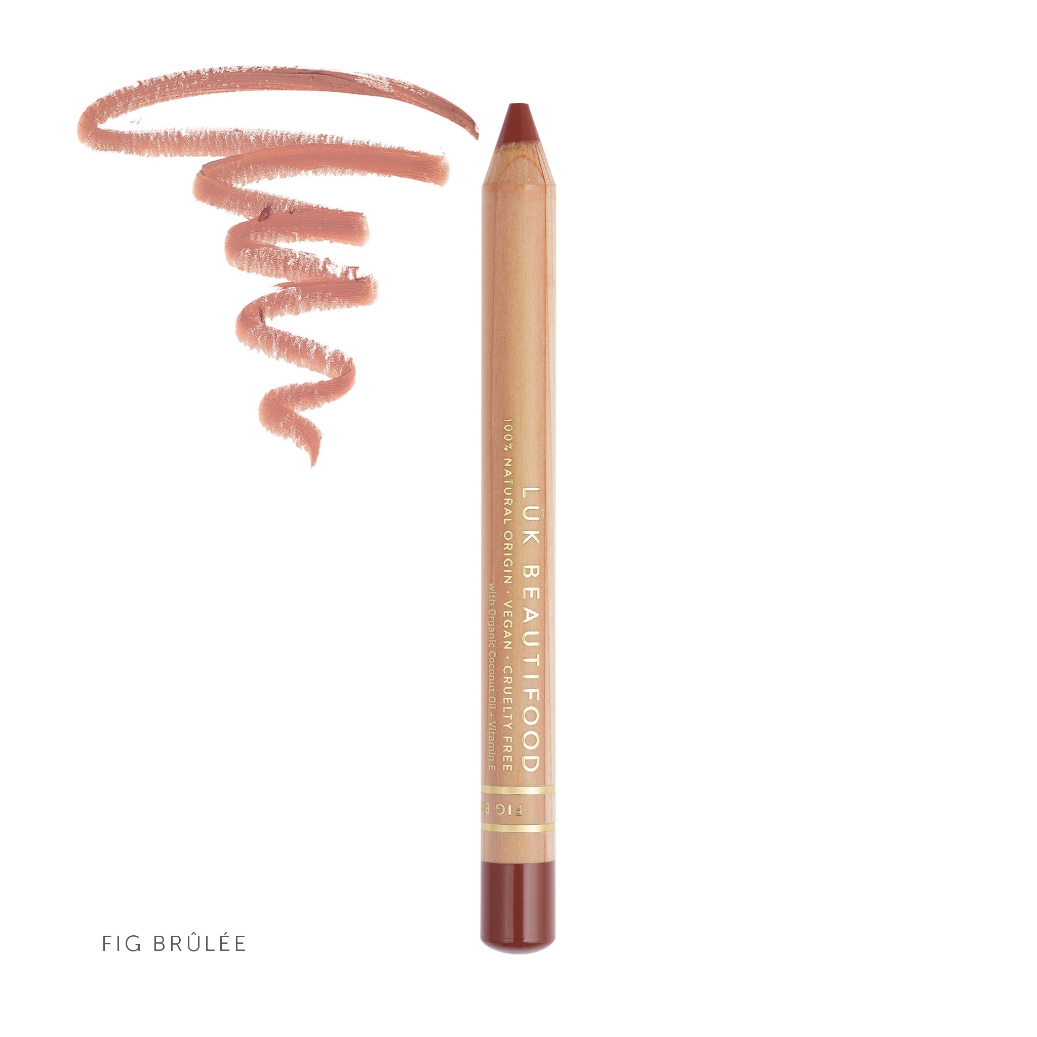 Lük Beautifood natural lipstick crayon in Fig Brûlée — pencil with colour swatch