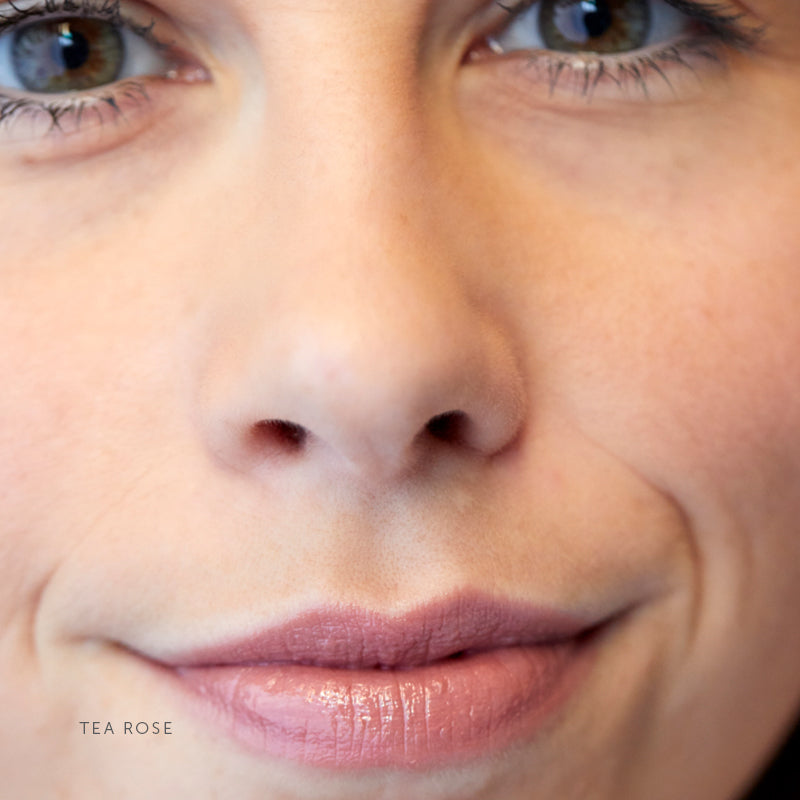 Lük Beautifood Lip Nourish natural lipstick in Tea Rose — worn on lips