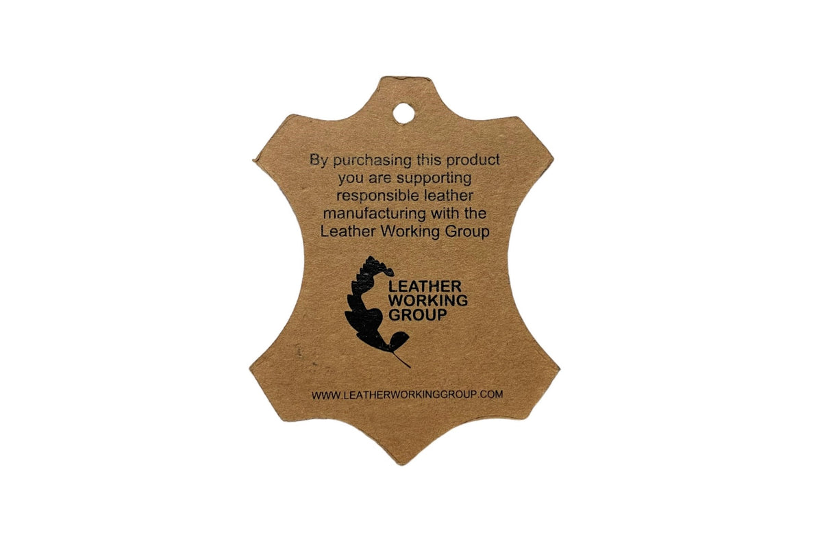 Back of the swing tag, noting the leather is made with the Leather Working Group