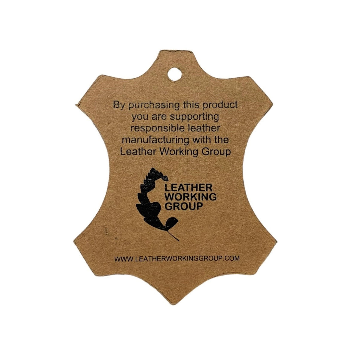 Reverse of the swing tag, noting that the leather is manufactured through the Leather Working Group
