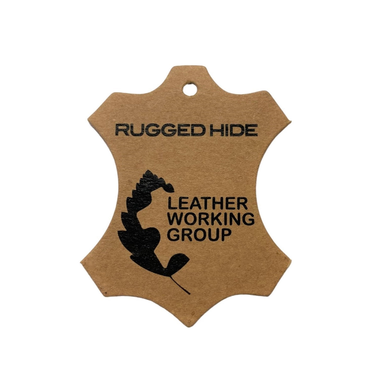 Kraft swing tag cut in the shape of a hide, printed Rugged Hide above the Leather Working Group logo