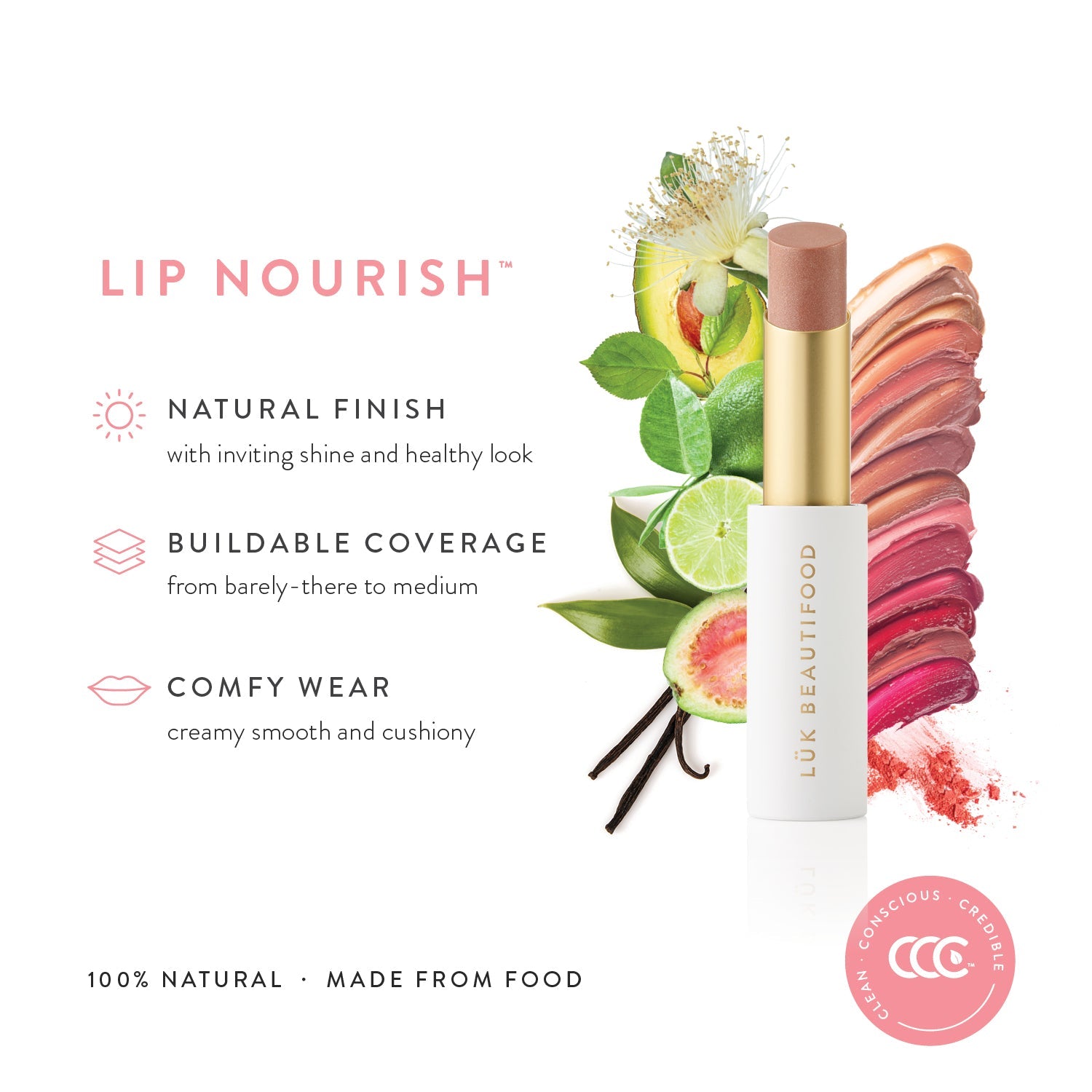Lük Beautifood Lip Nourish natural lipstick in Ruby Grapefruit — range benefits at a glance