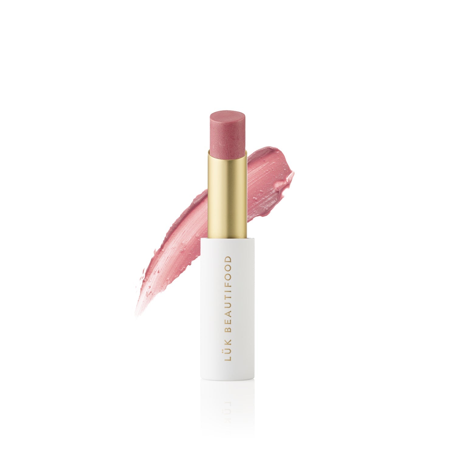 Lük Beautifood Lip Nourish natural lipstick in Guava Blush — stick with colour swatch
