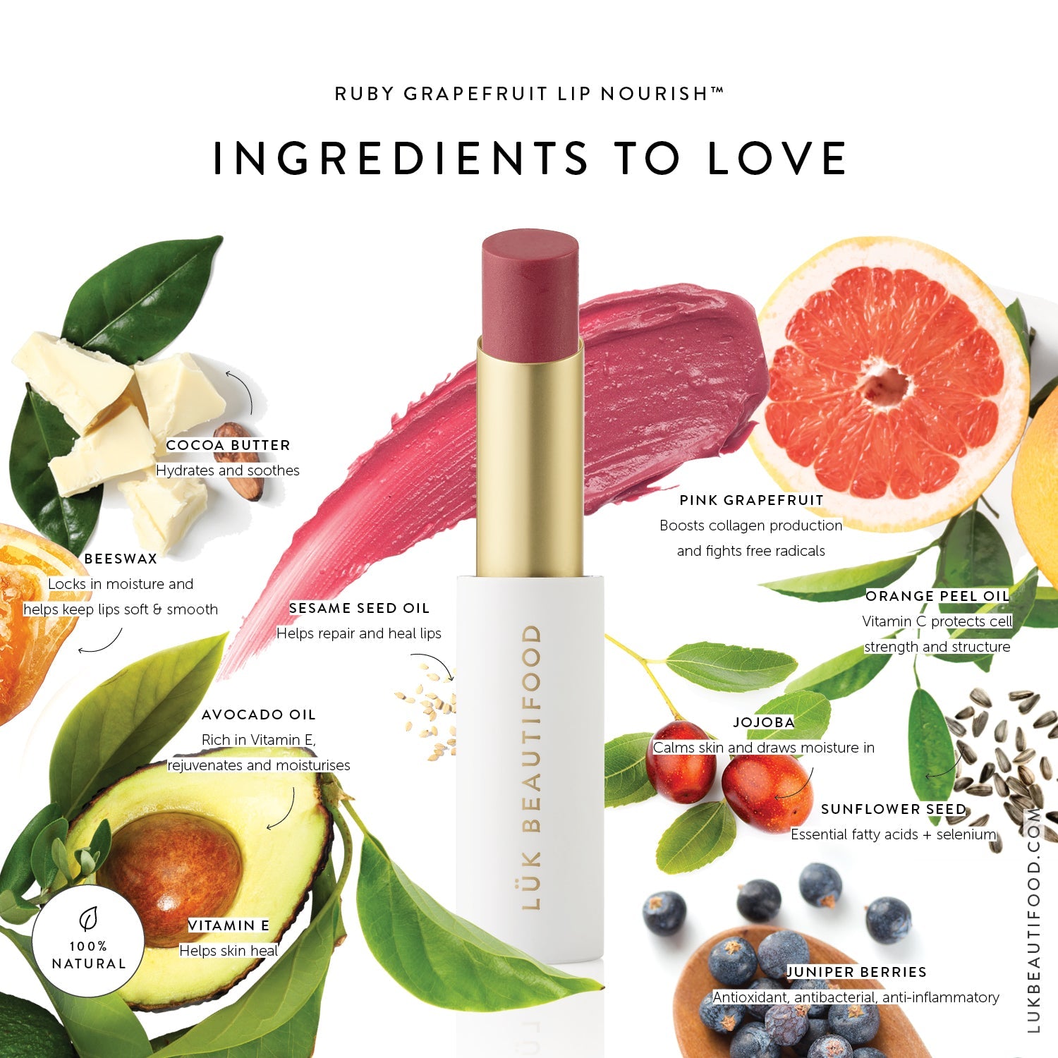 Lük Beautifood Lip Nourish natural lipstick in Ruby Grapefruit — key ingredients