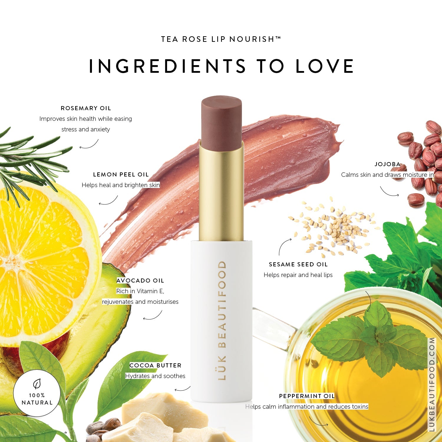 Lük Beautifood Lip Nourish natural lipstick in Tea Rose — key ingredients