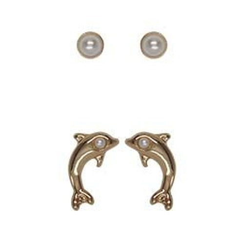 Two pairs of gold-tone studs: round pearl-look studs, and dolphins each set with a tiny pearl-look bead.