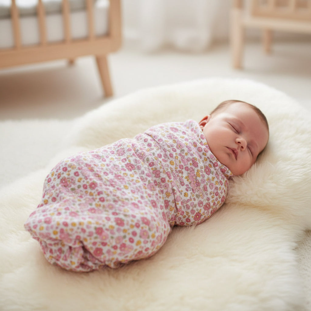 Sleeping newborn wrapped in the rose floral muslin swaddle on a sheepskin rug