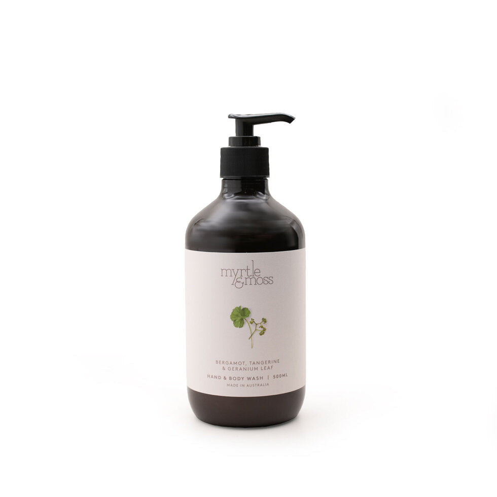 The 500ml Bergamot hand and body wash bottle, its label reading Bergamot, Tangerine & Geranium Leaf.