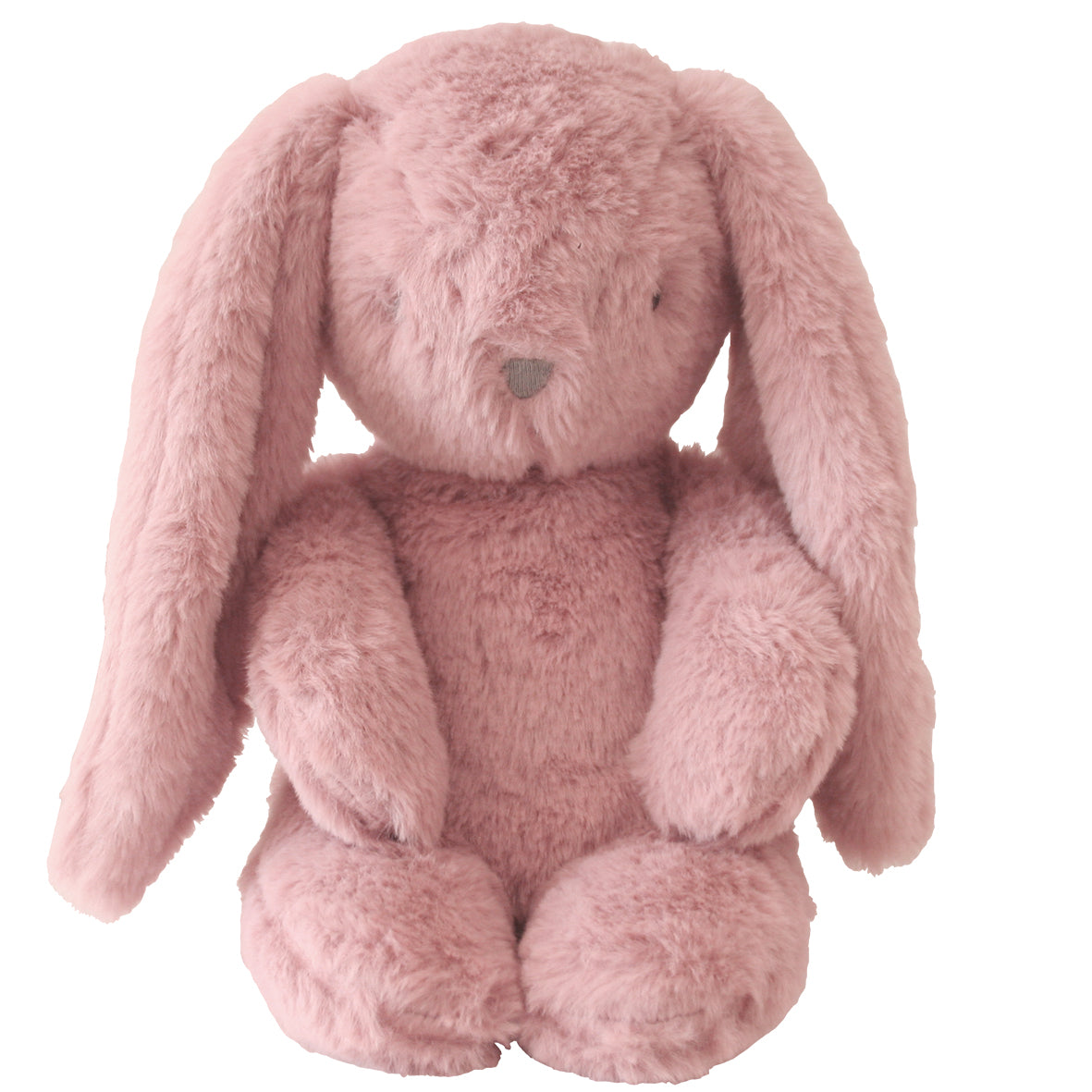 Pink plush bunny with long floppy ears sitting upright, front view