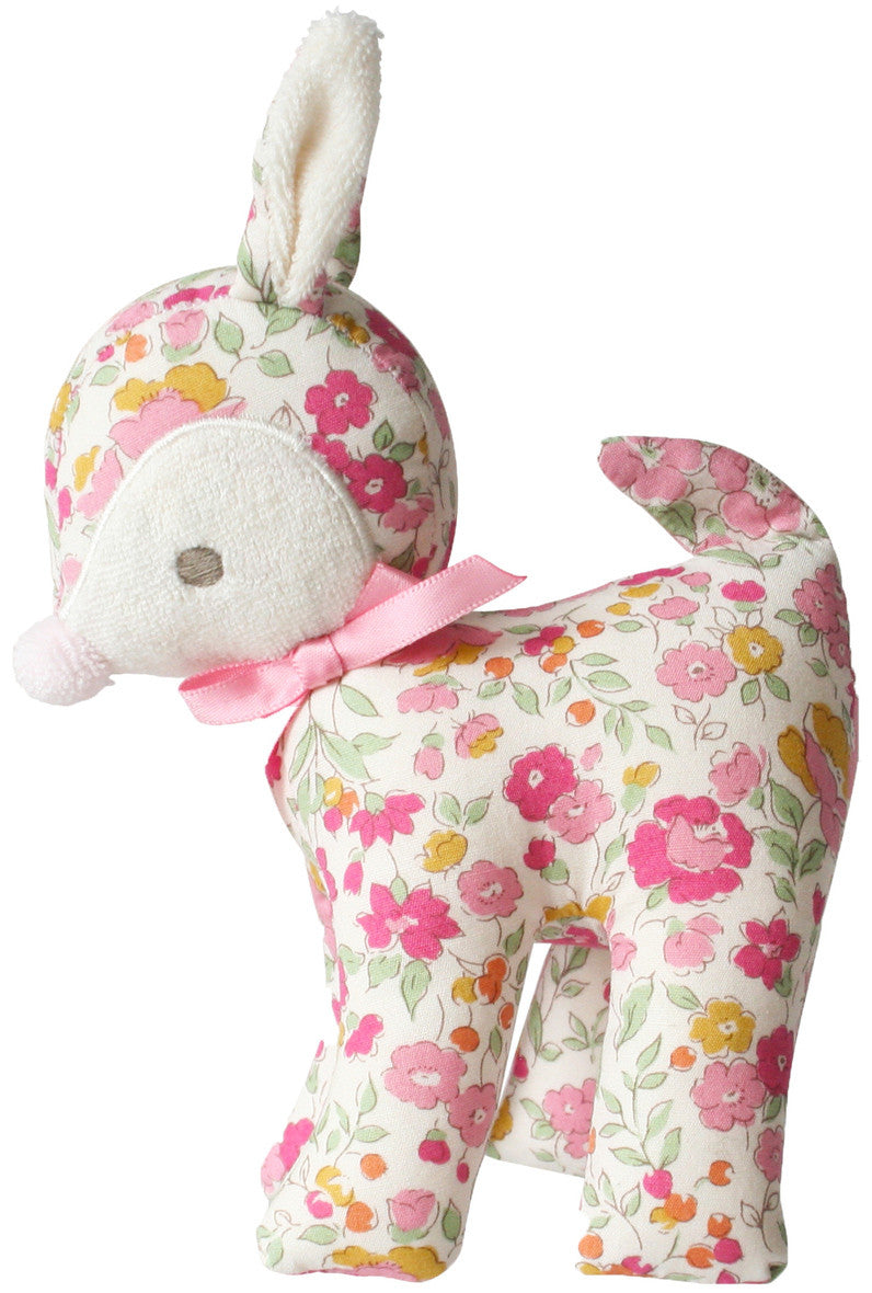 Baby deer rattle in pink and yellow Rose Garden floral with a pink ribbon bow