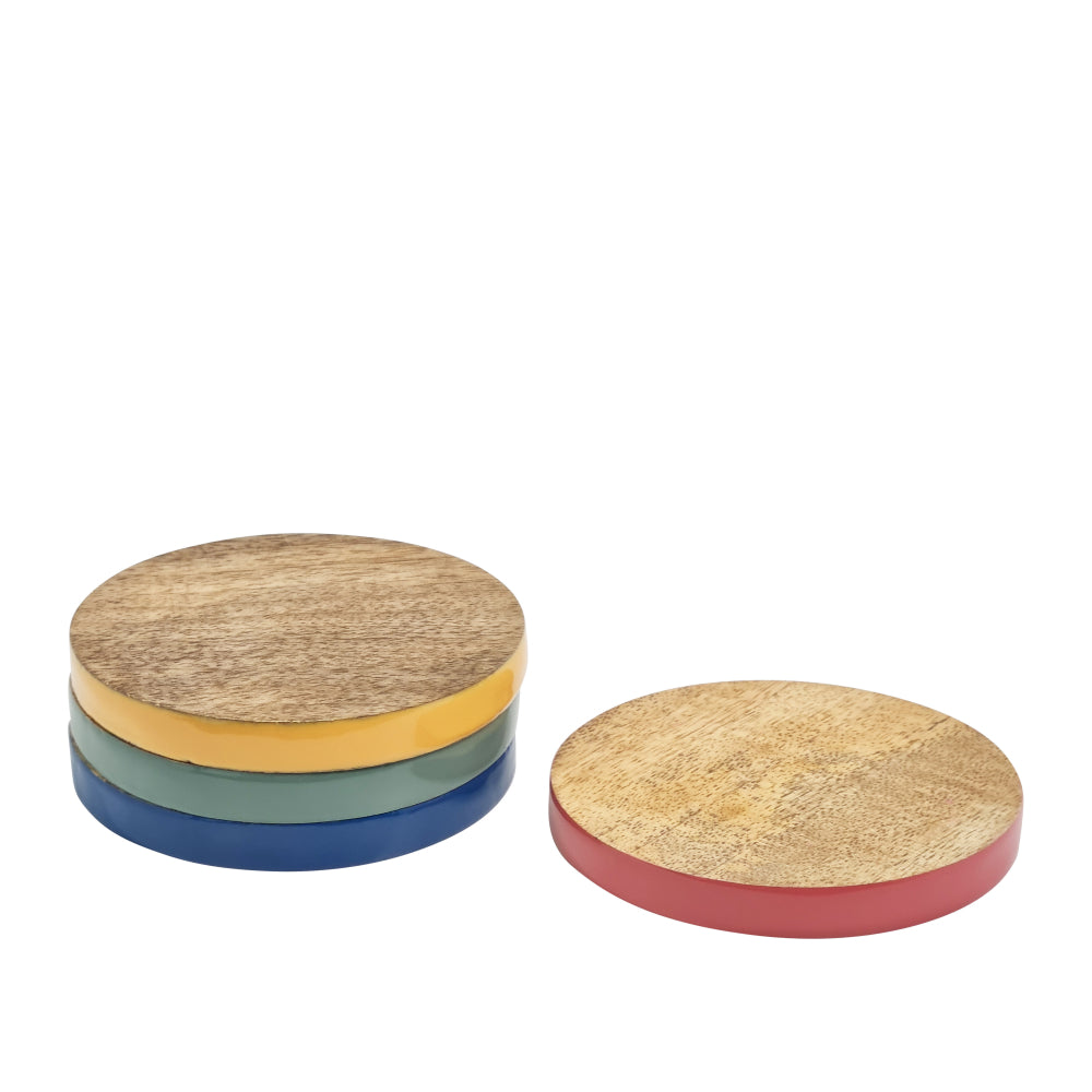 Nikkie mango wood coasters with red, yellow, green and blue enamel edges, stacked and single