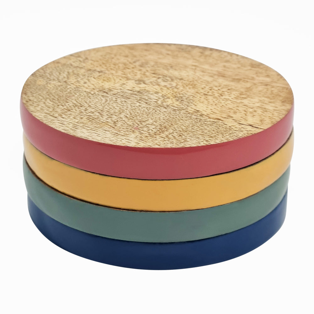 Close-up stack of the four Nikkie coasters showing multi-coloured enamel sides