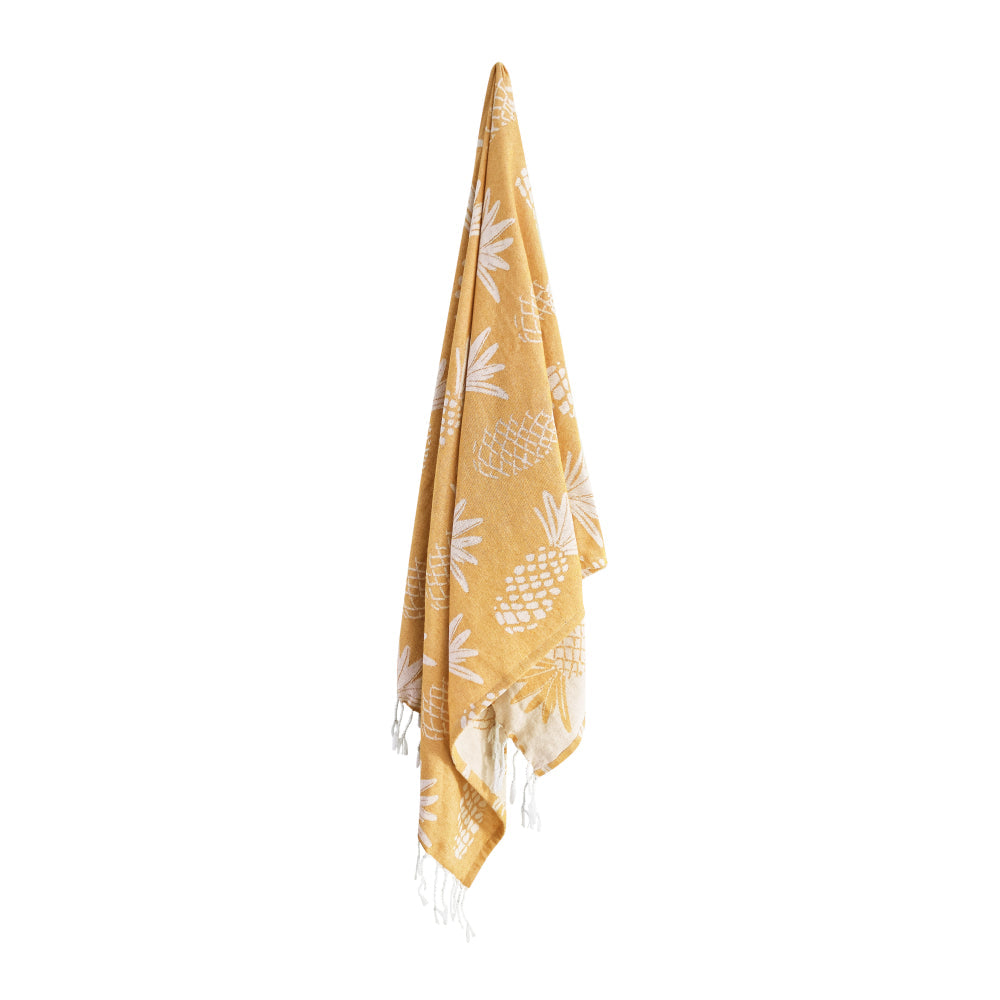 Pineapple Turkish towel hanging full length in yellow and white