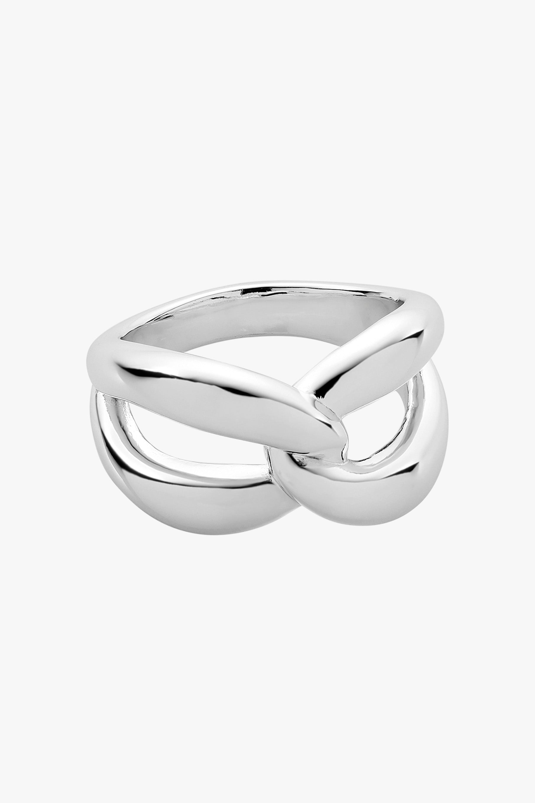 Silver knot ring with two polished bands crossing over at the front.