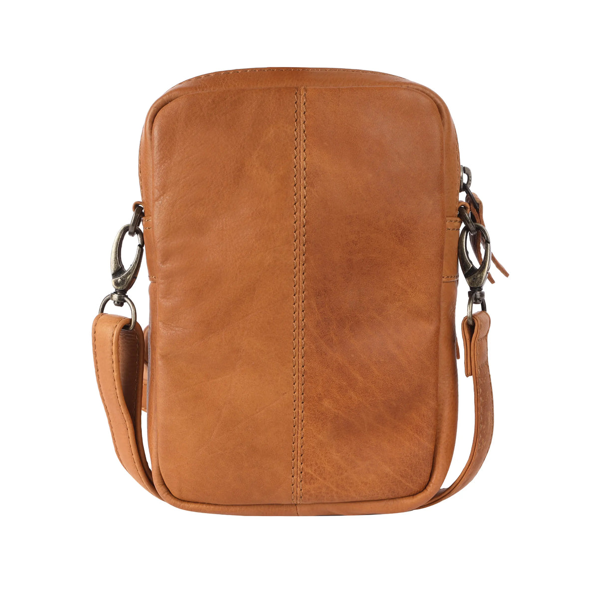 Back of the tan bag, plain leather with a centre seam