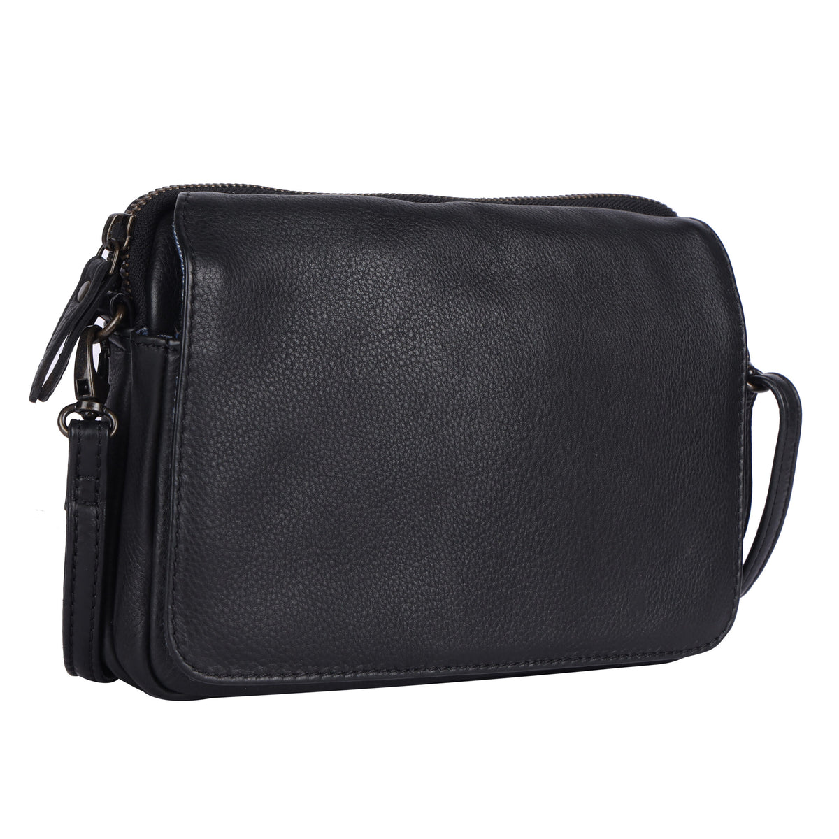 Black cross body bag angled, showing the flap and side