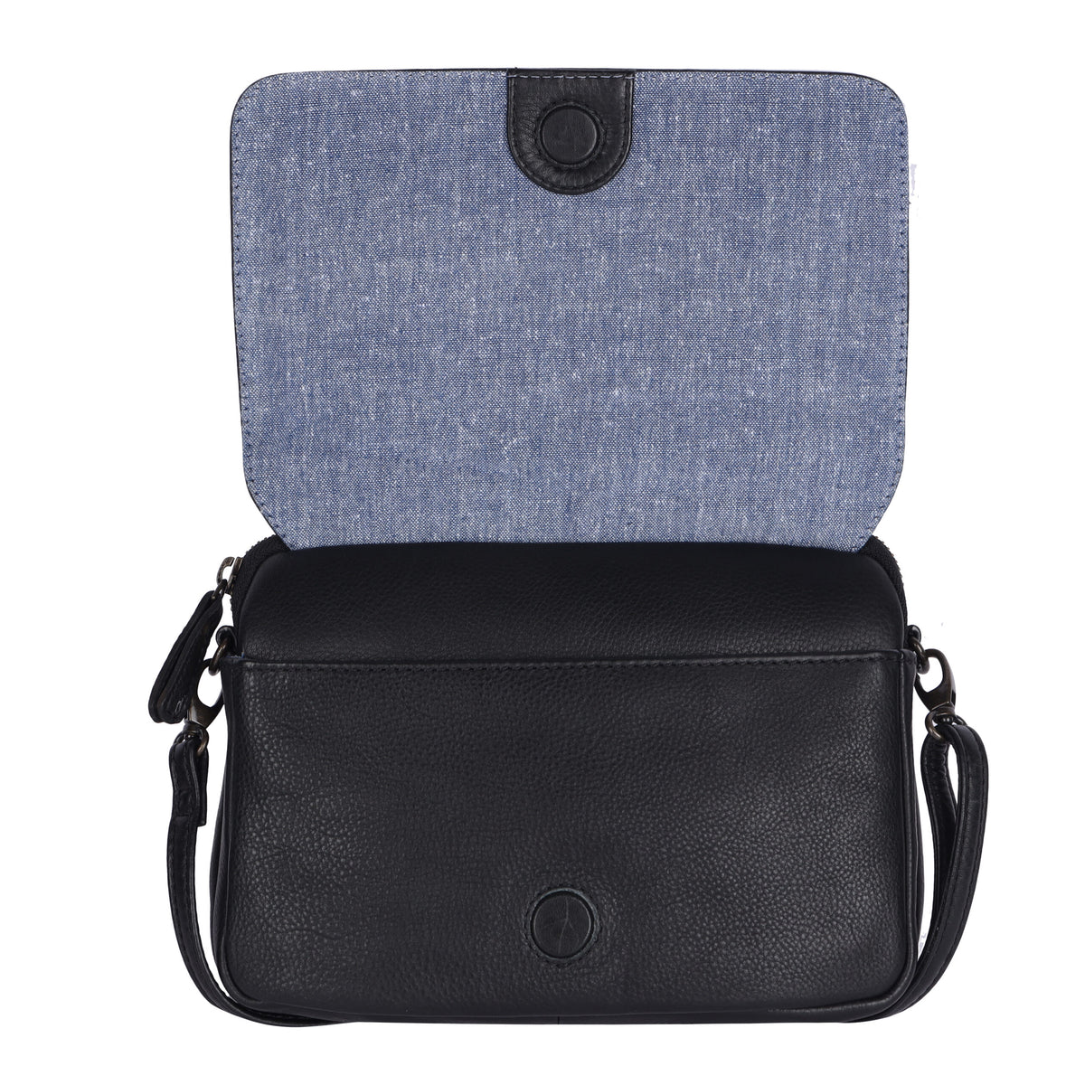 Black bag with the flap lifted, showing its blue fabric underside and the magnetic catch