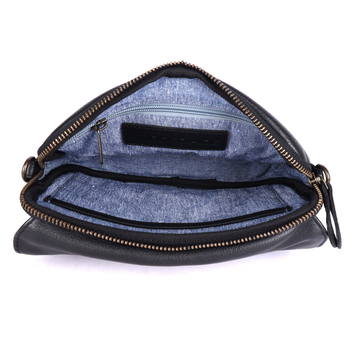 The black bag unzipped from above, showing the blue lining and inner pockets