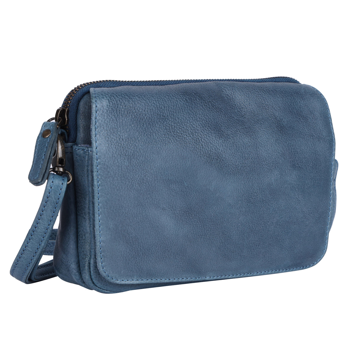 Midnight blue cross body bag angled, showing the flap and side