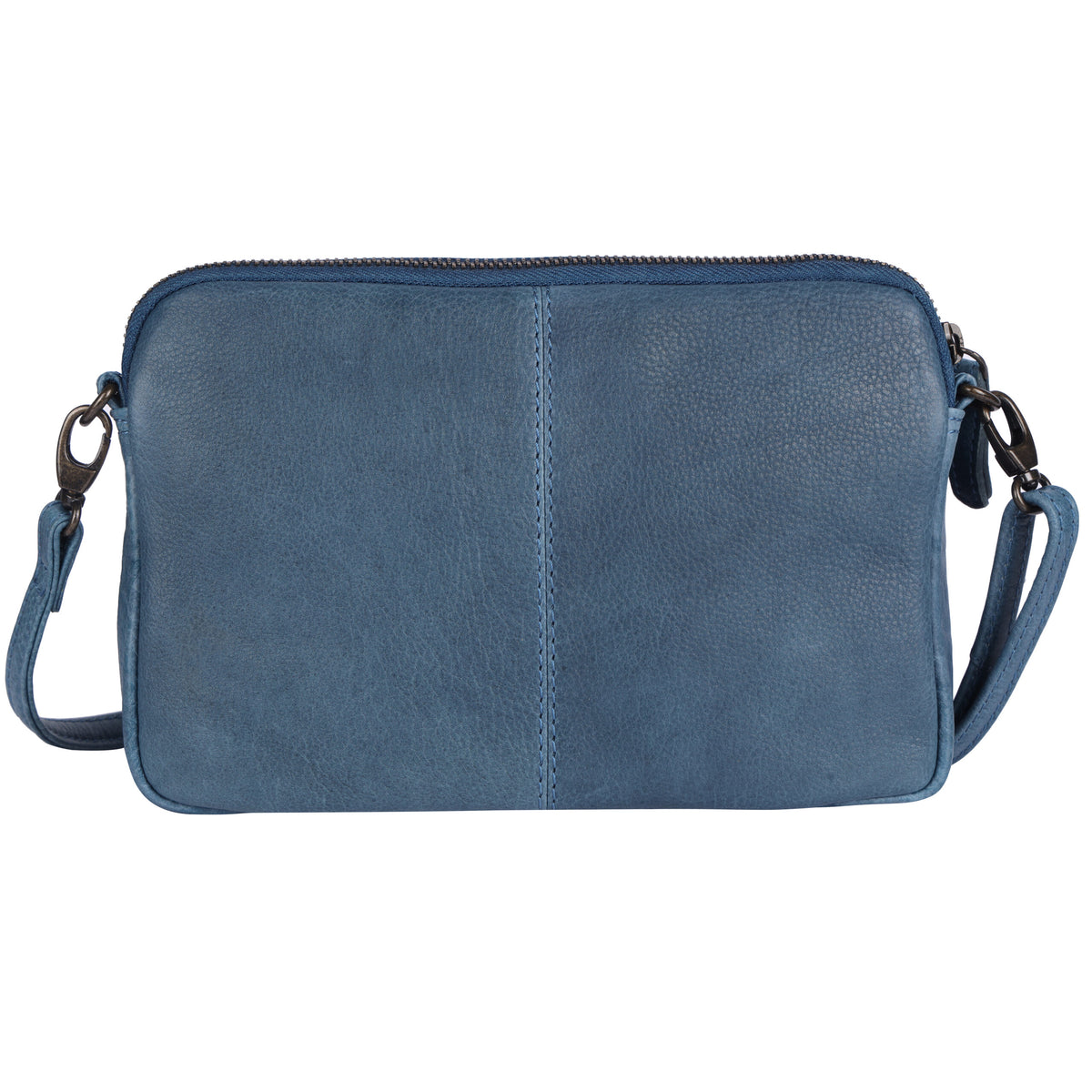 Back of the denim blue cross body bag, plain leather with a centre seam