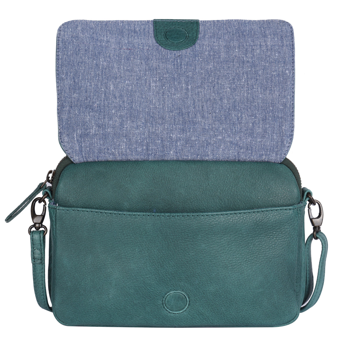 Green bag with the flap lifted, showing its blue fabric underside and the magnetic catch