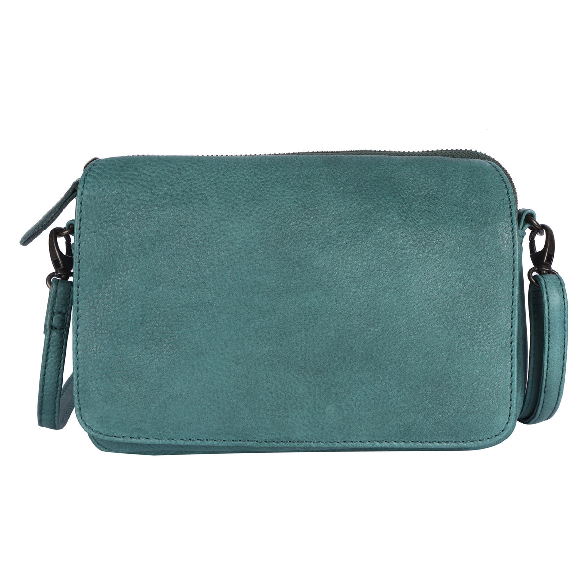 Green cross body bag from the front, flap closed