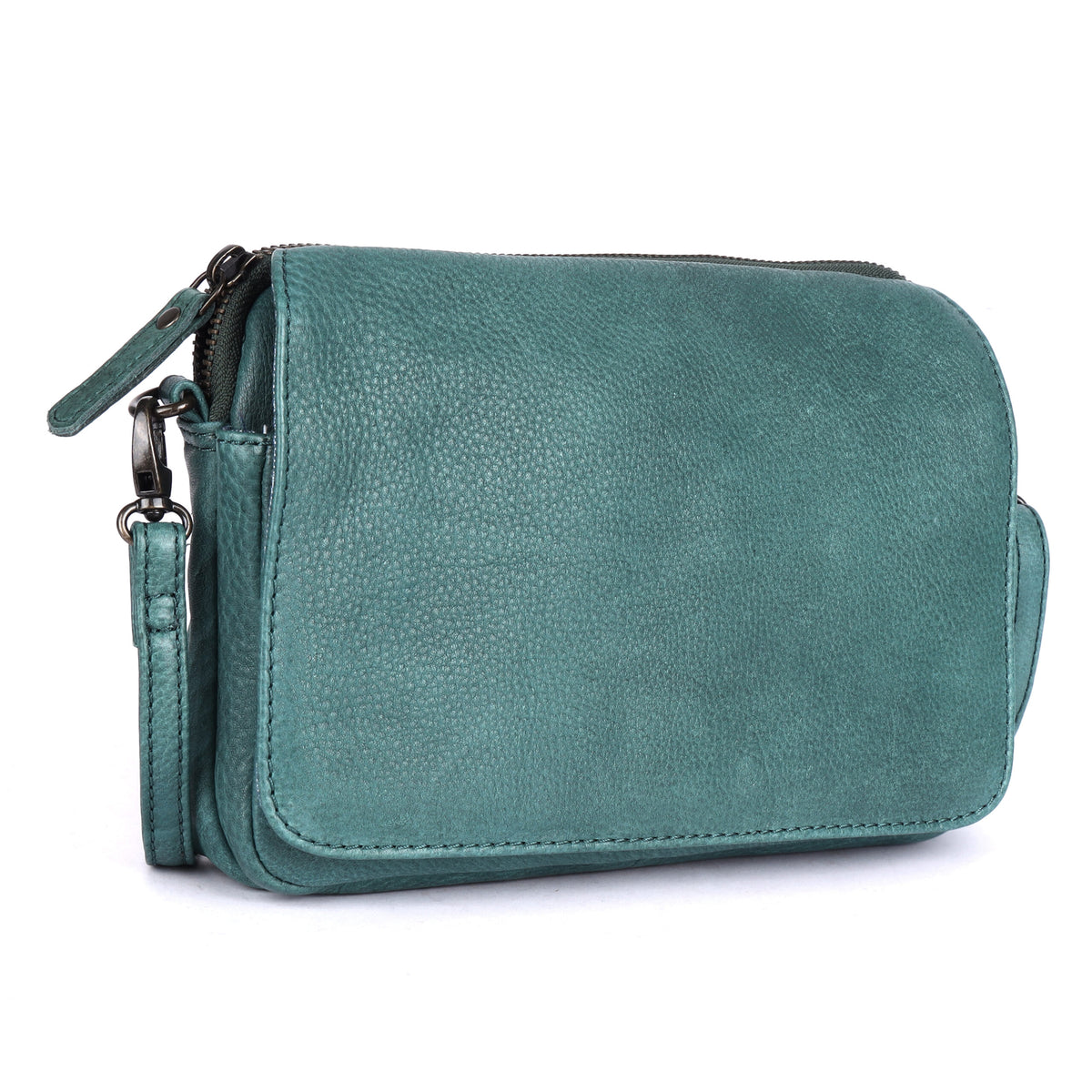 Green cross body bag angled, showing the flap and side