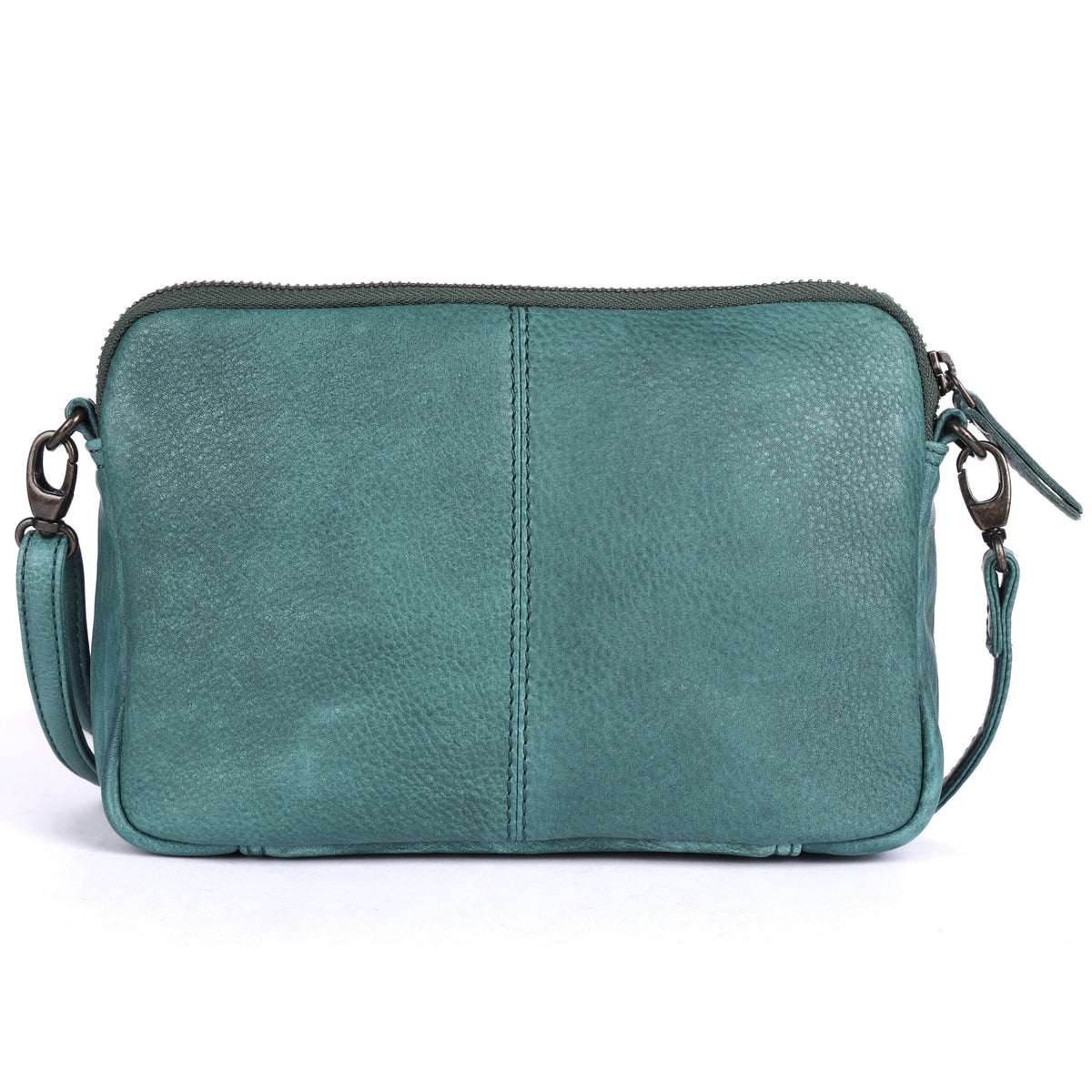 Back of the green bag, plain leather with a centre seam