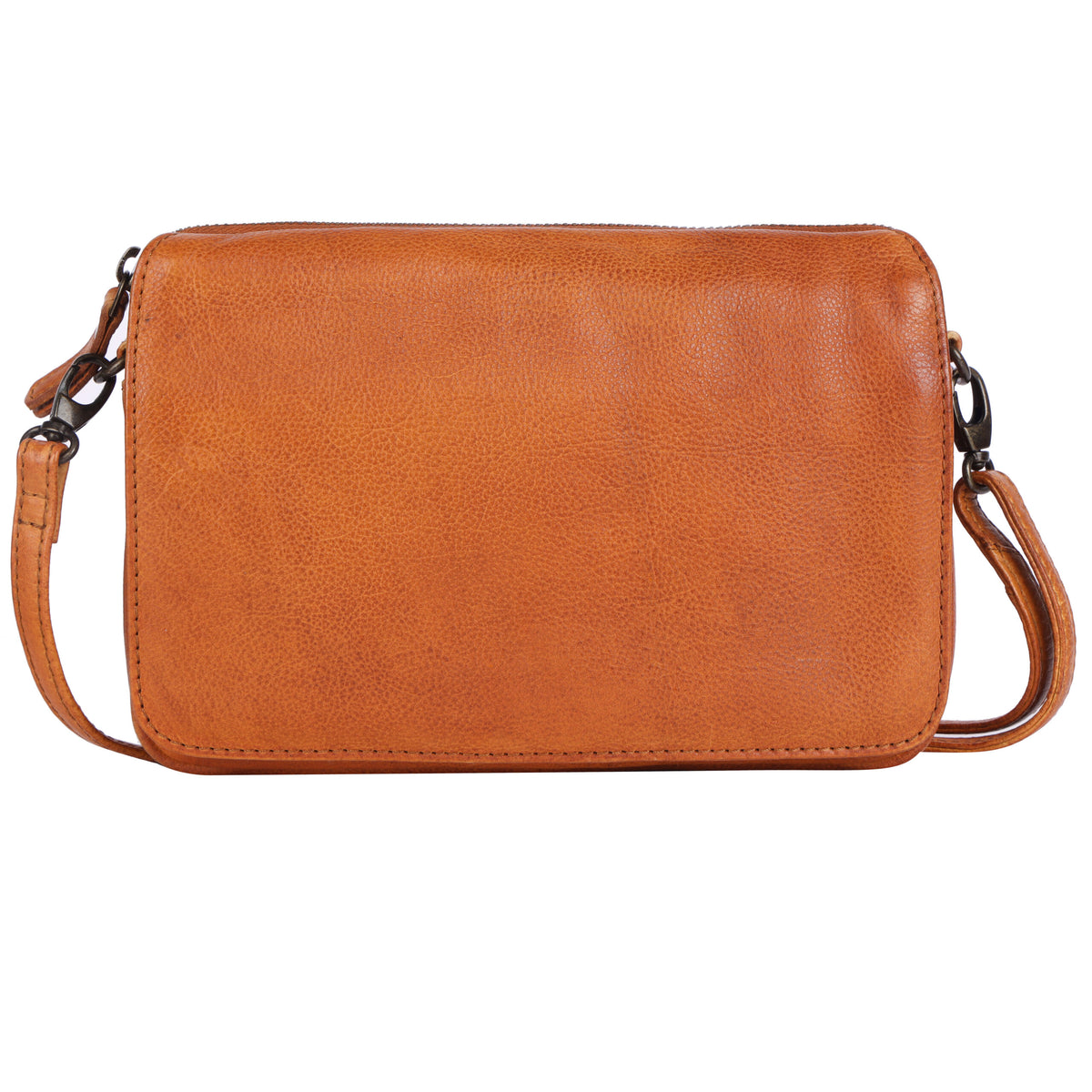 Tan cross body bag from the front, flap closed