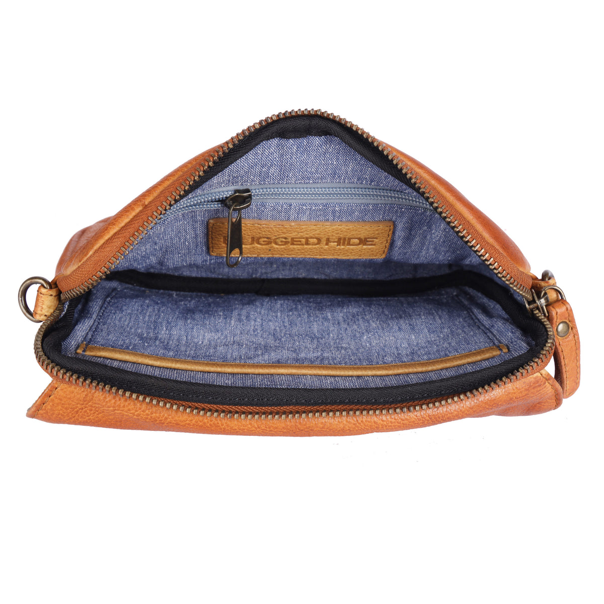 The tan bag unzipped from above, showing the blue lining and a stamped leather tab