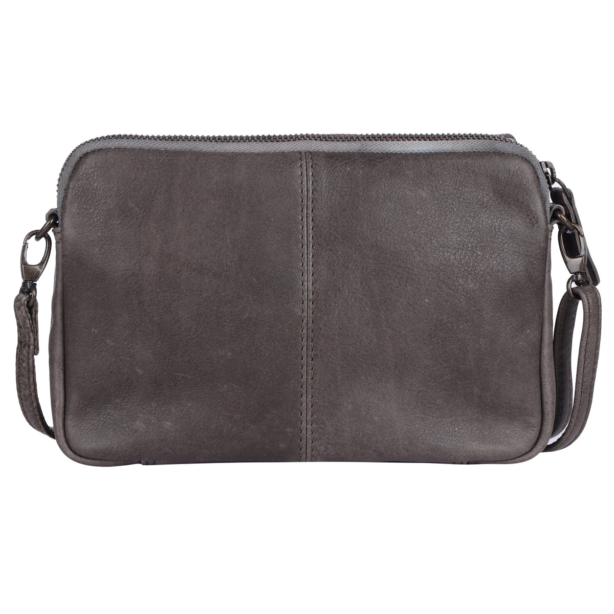 Back of the taupe bag, plain leather with a centre seam