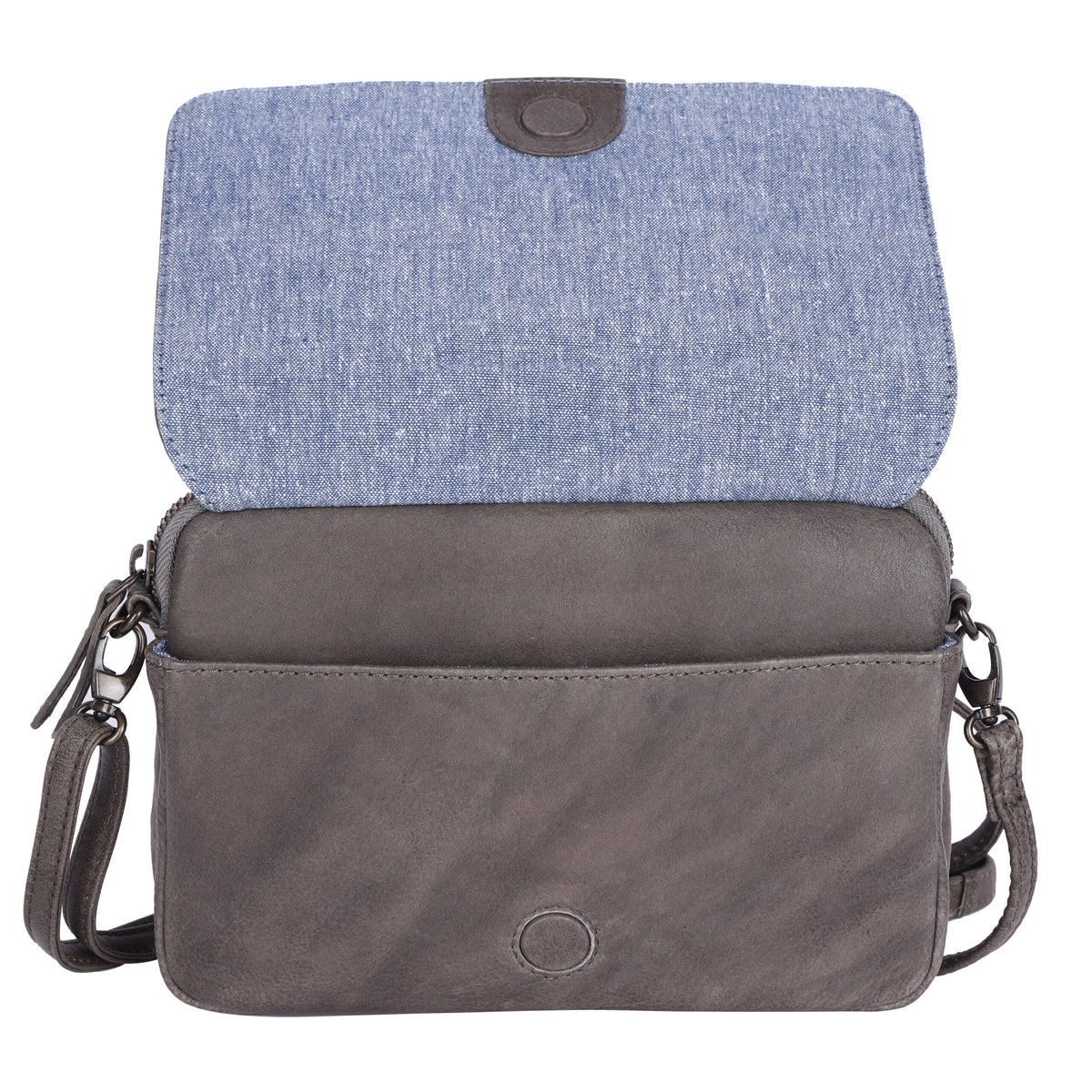 Taupe bag with the flap lifted, showing its blue fabric underside and the magnetic catch