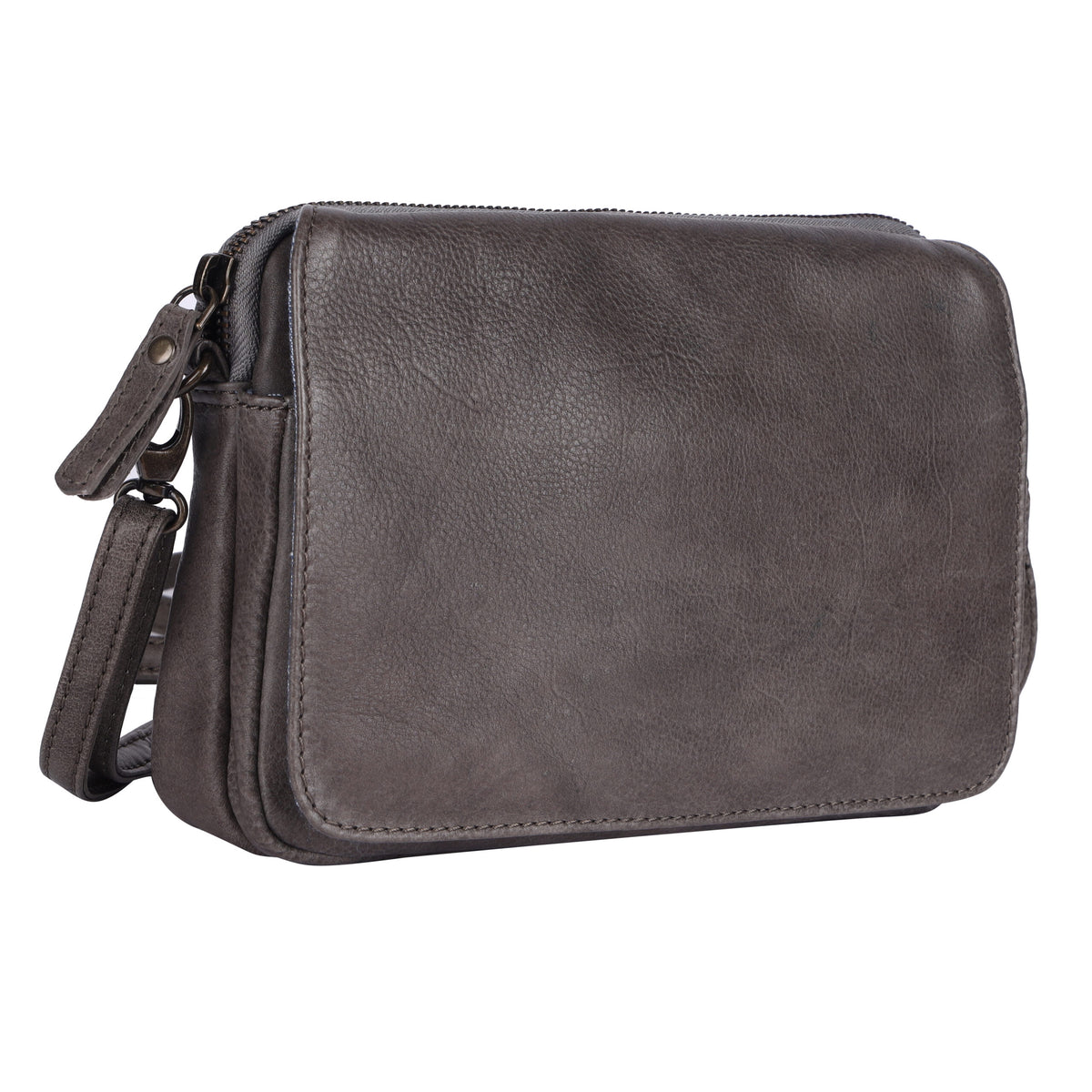 Taupe cross body bag angled, showing the flap and side