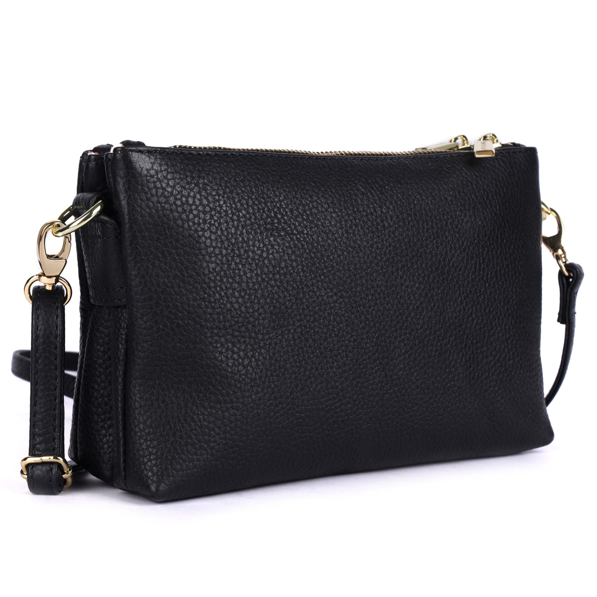 Black cross body bag angled to show the depth of its two zip compartments