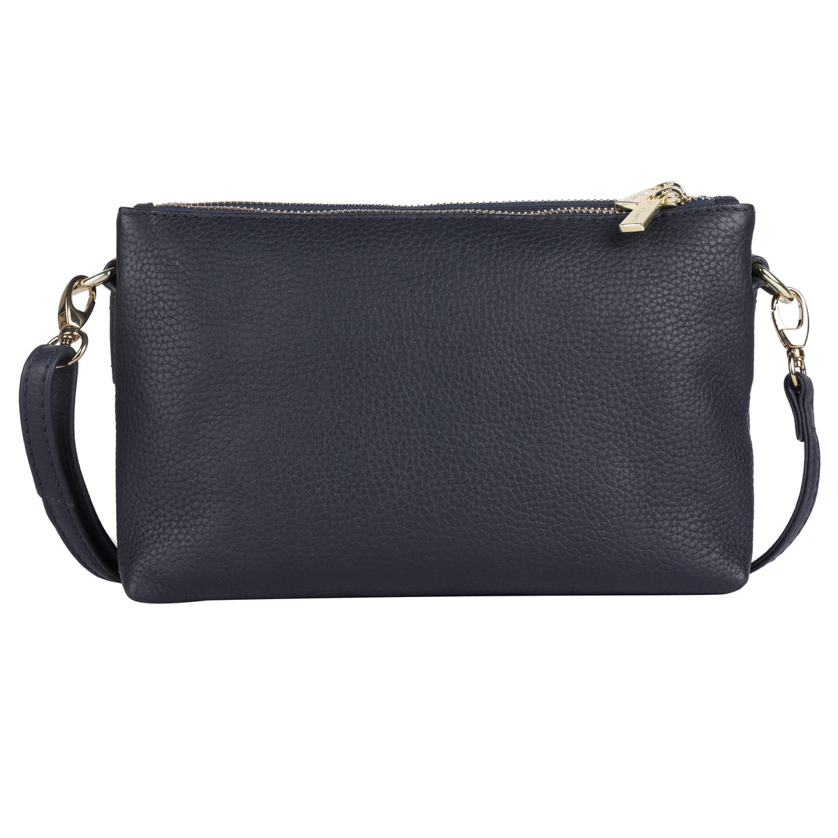 Navy cross body bag from the front, strap looped at either side
