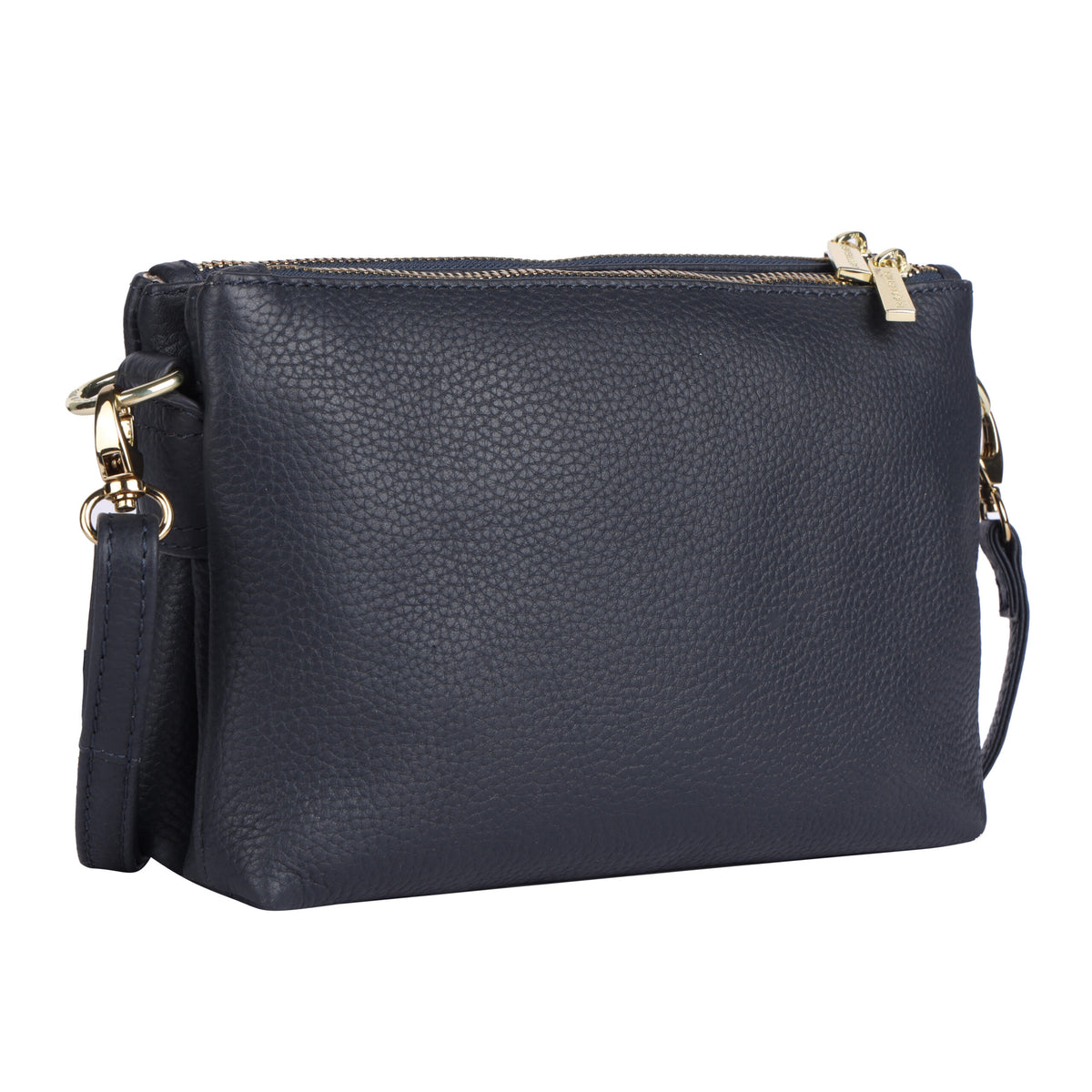 Navy cross body bag angled to show the depth of its two zip compartments