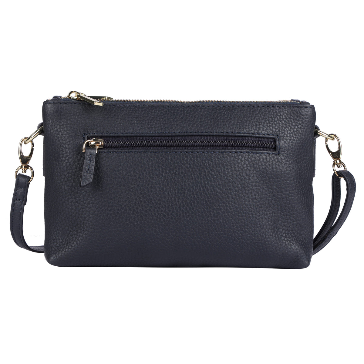 Back of the navy bag, showing the zip pocket