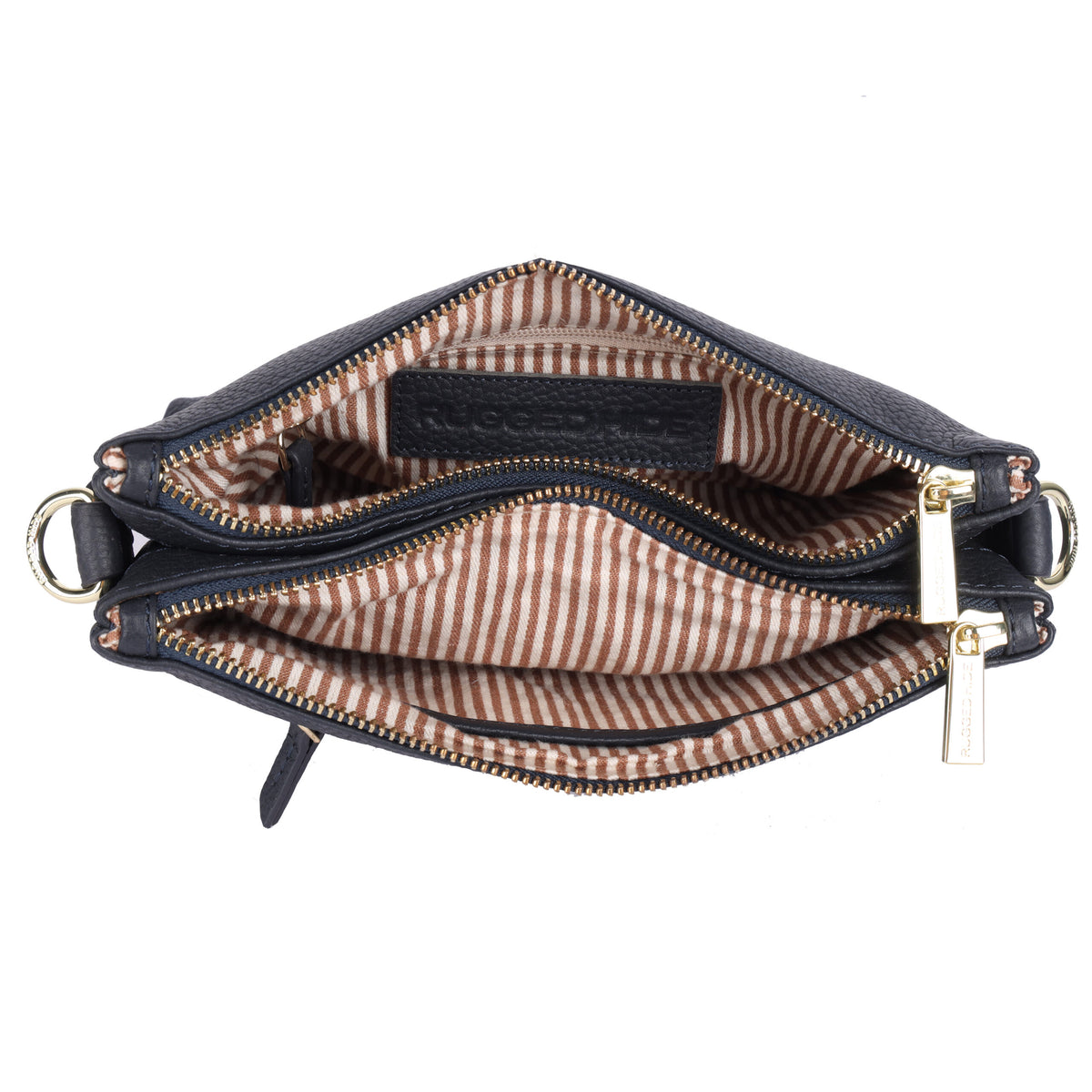 The navy bag unzipped from above, showing the striped fabric lining and inner pockets