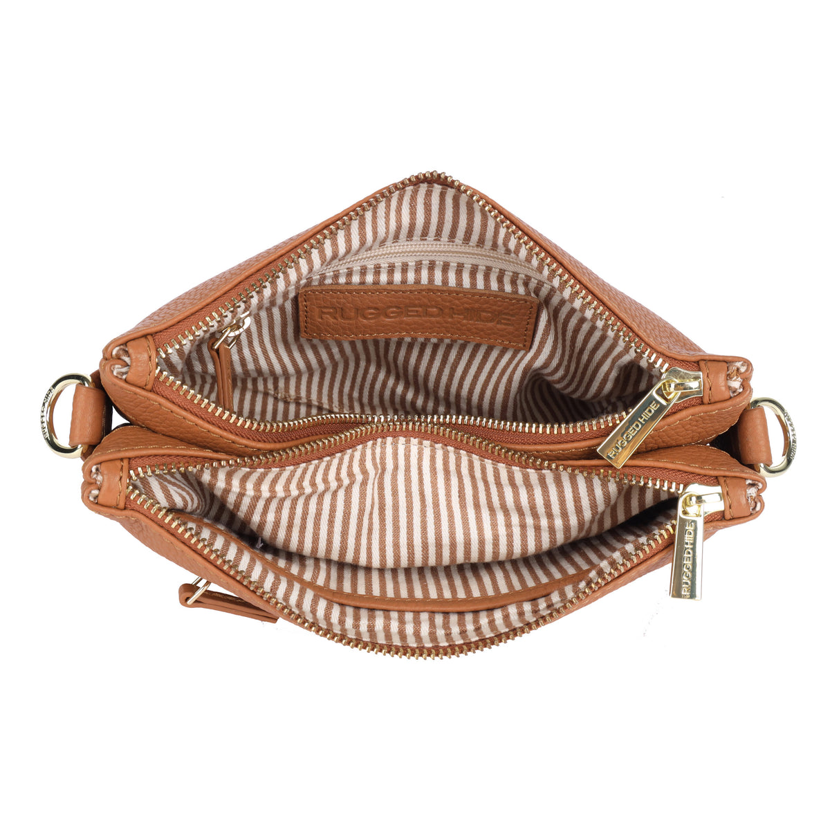 The tan bag unzipped from above, showing the striped fabric lining and inner pockets