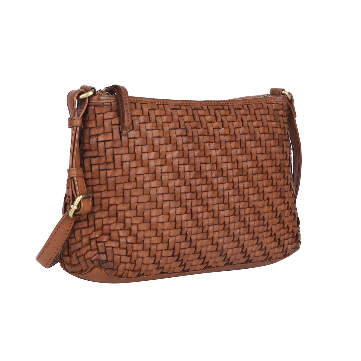 Oak woven bag angled, the strap gathered above it